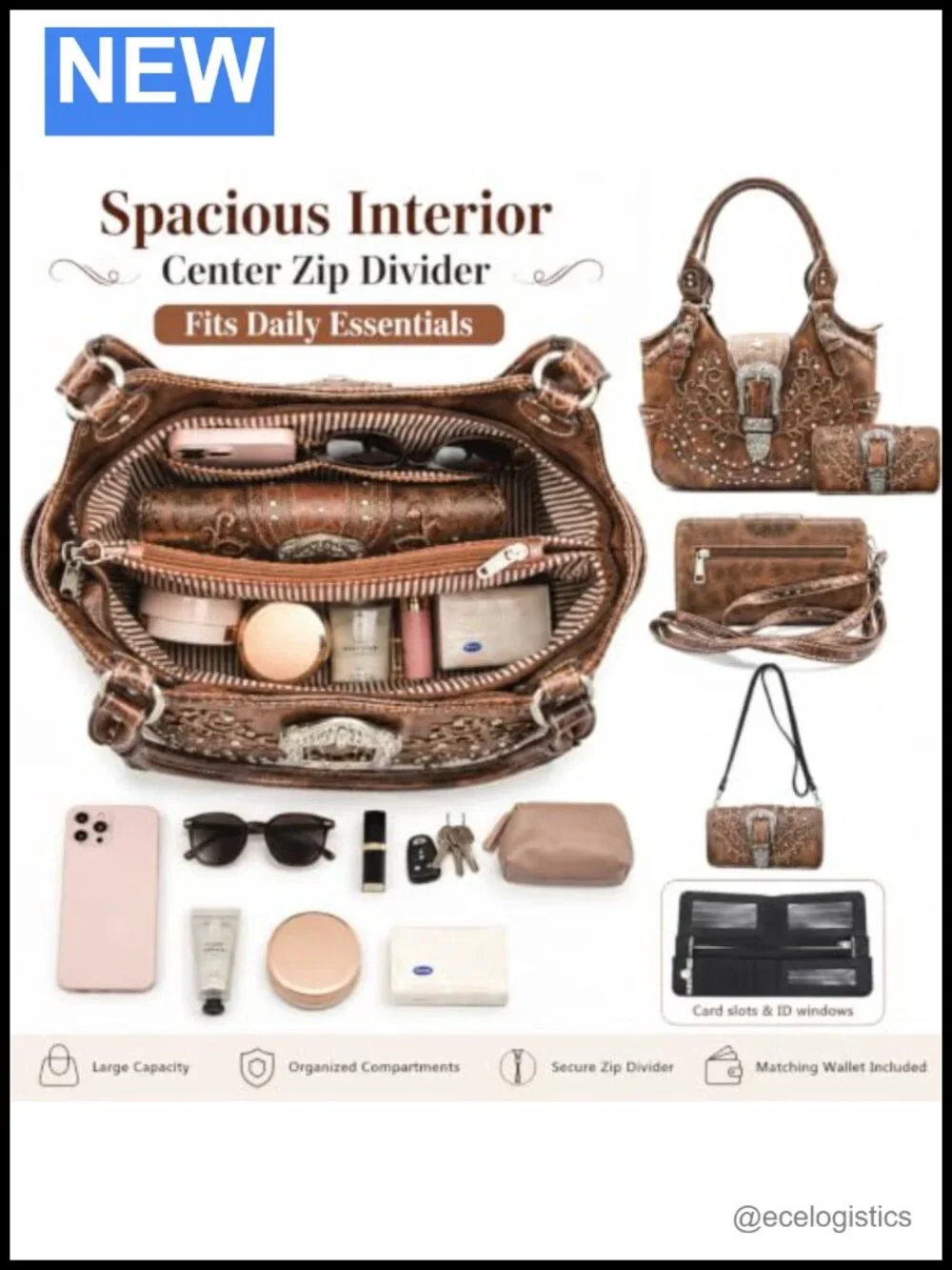 Western Cowgirl Handbag & Wallet Set with Faux Leather, Rhinestones